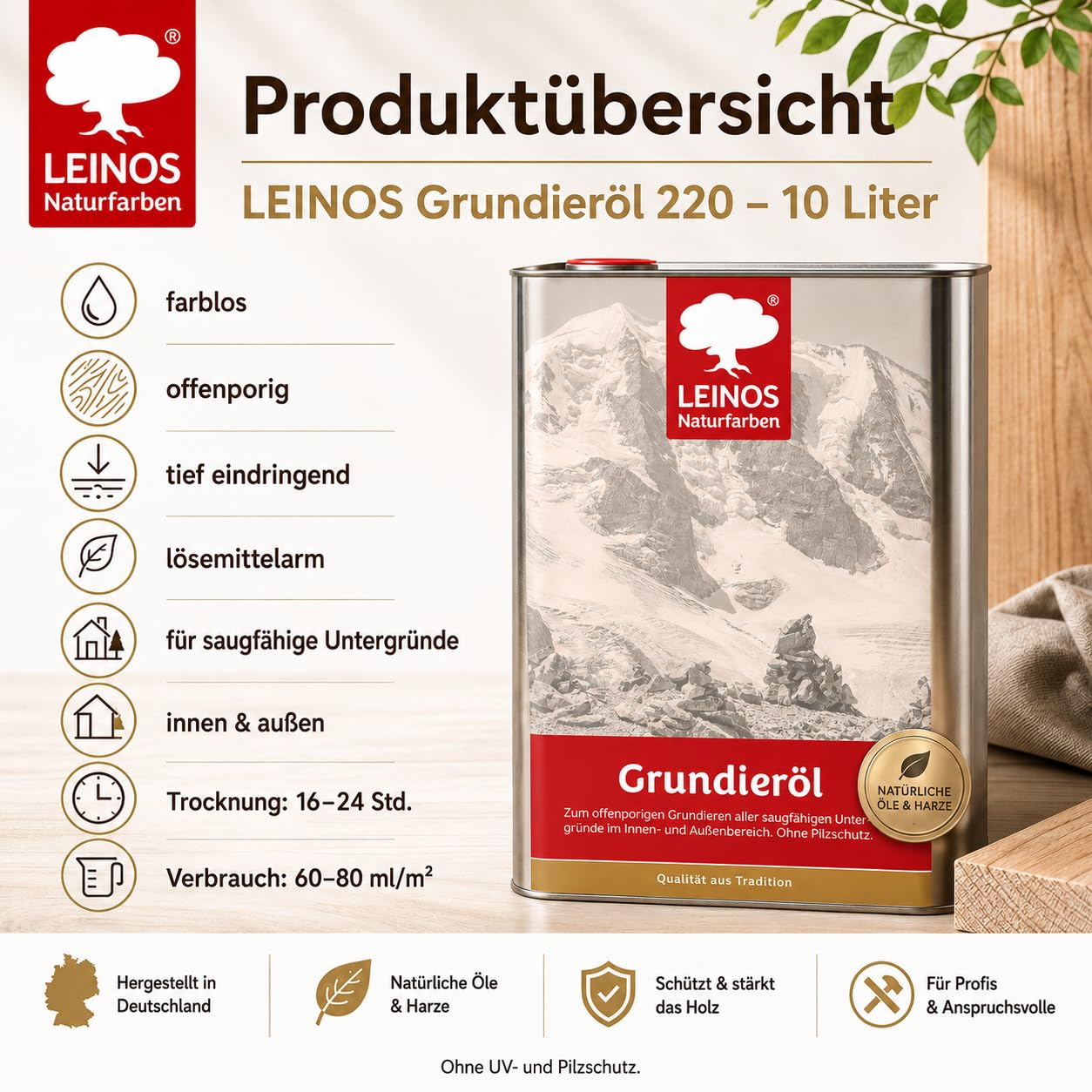 LEINOS 220 Grundieröl für Innen 10 l | farblose Holzgrundierung mit gutem Eindringvermögen | offenporiges Naturöl für saugfähige Holzoberflächen | optimale Basis für Lasuren, Öle & Wachse