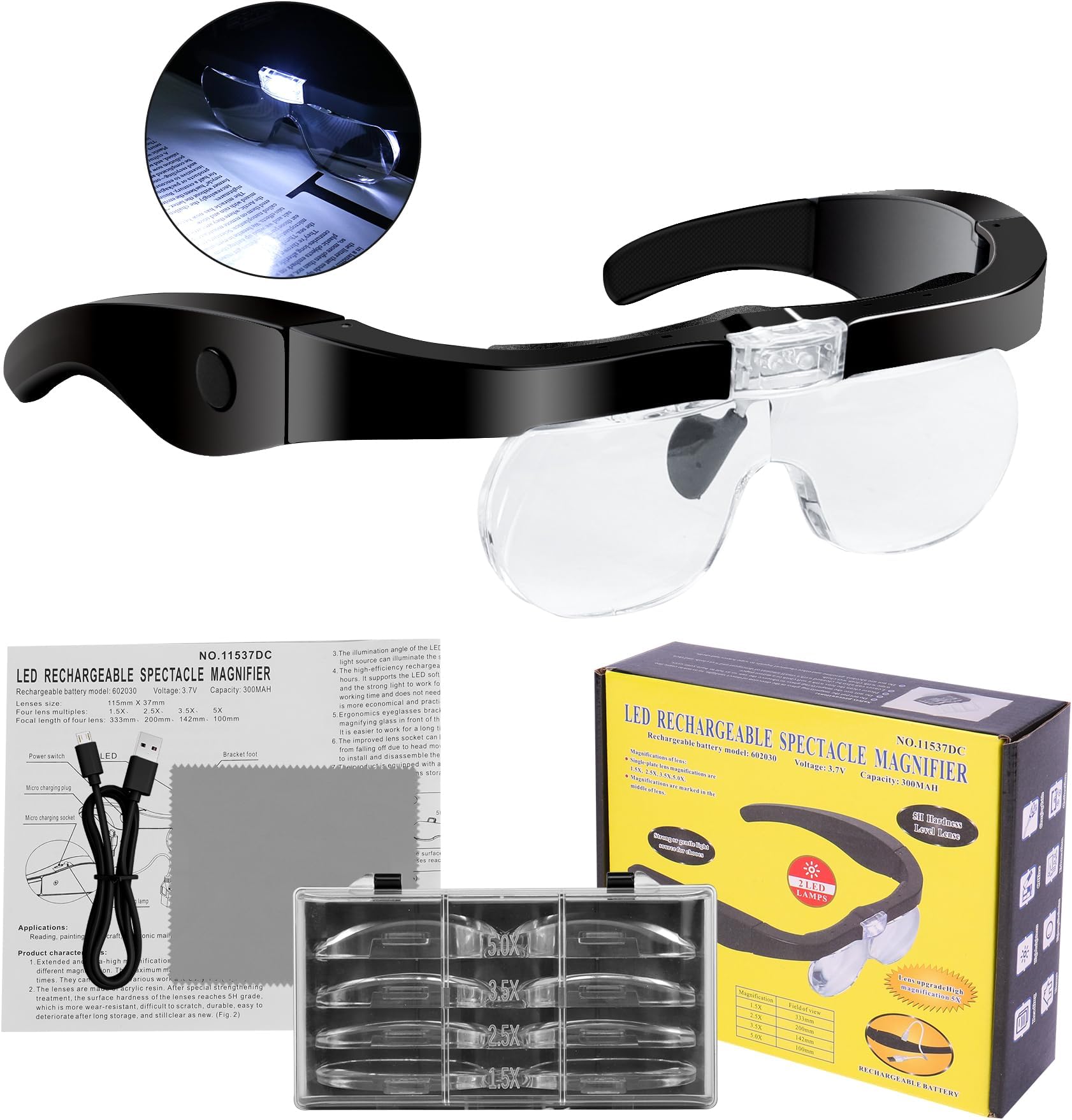 Head Magnifying Glass with Light Rechargeable Headband Magnifier for Close Work Interchangeable Lenses 1.5X 2.5X 3.5X 5X for Jeweler Loupe, Arts and Crafts, Hobby (Black)
