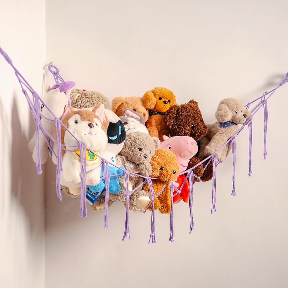 YKBU Stuffed Animals Hammock Corner Hanging Net for Macrame Stuffed Animal Storage Plush Toy Holder Toy Organizer for Boho Nursery Playroom Bedroom (purple, Large)