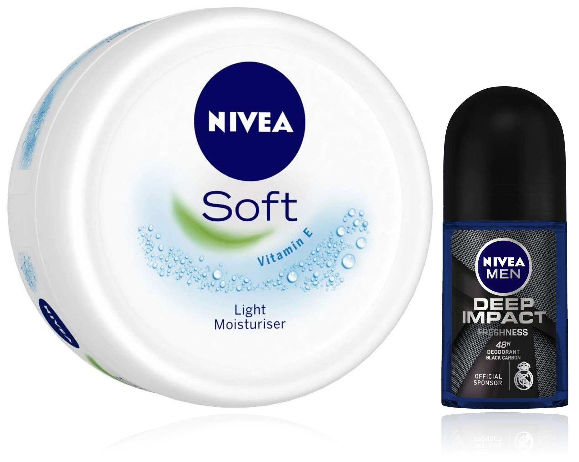 NIVEA Soft, Light Moisturising Cream, 300ml & NIVEA Men Deodorant Roll On, Deep Impact Freshness, 50ml