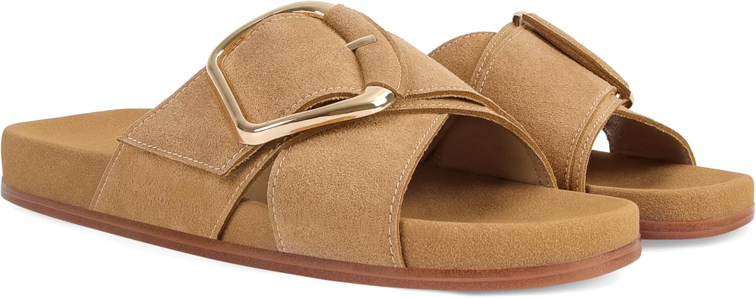 Flat Sandals for Women Comfortable Slide Sandals Summer Suede Leather Slides Vacation Beach Shoes