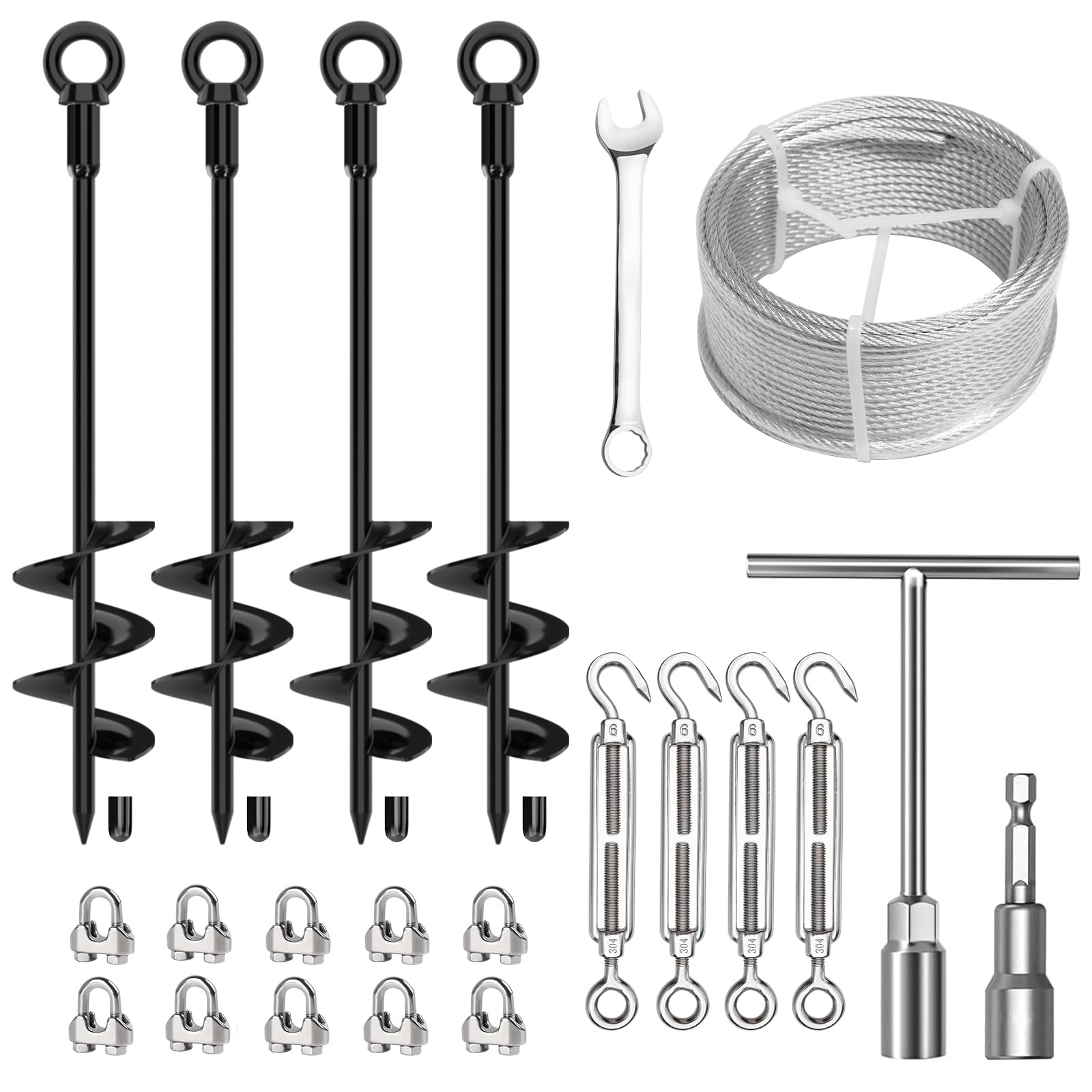 Juego de 4 anclajes de suelo de 18 pulgadas de largo con cable galvanizado de 1/8 pulgadas, tensores y mosquetones, anclajes de tierra resistentes para cobertizos, árboles, trampolín, invernadero,