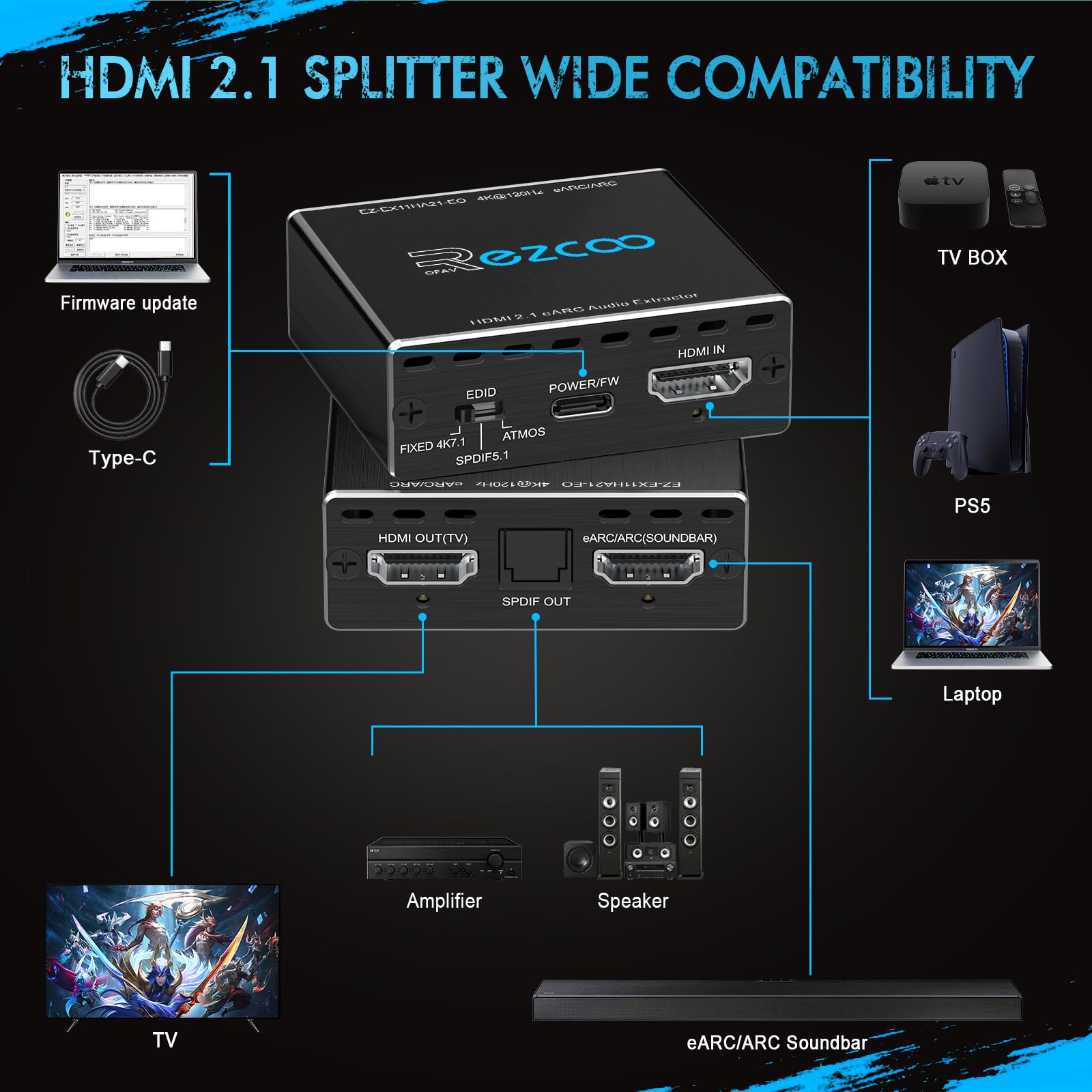 ROFAVEZCO Extracteur Audio HDMI 2.1 eARC 4K@120Hz Dolby Atmos/Vision VRR/ALLM CEC Bypass HDCP2.3 SPDIF Plug & Play pour Soundbars/Sonos ARC/eARC/PS5/Xbox