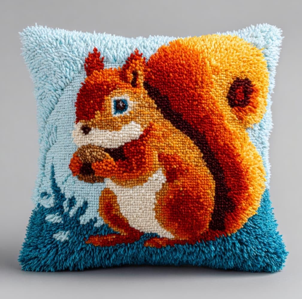 Henypt 43x43cm Latch Hook Cushion Making Kit,Animal Squirrel Printed Canvas Latch Hook Soft Yarn Pillow Set,Ideal Creative Gift for Adults