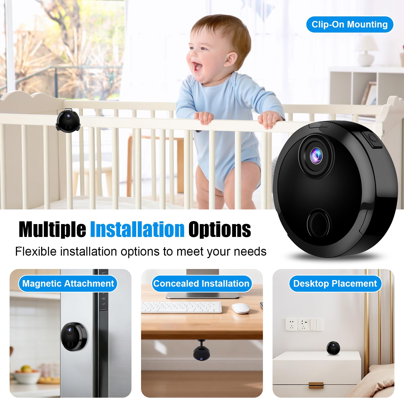 Mini Caméra de Surveillance WiFi 1080P Intérieur, Camera Intérieur et Extérieur sans Fil avec 2.4GHz WiFi, Vision Nocturne et Détection de Mouvement, pour Maison et Voiture