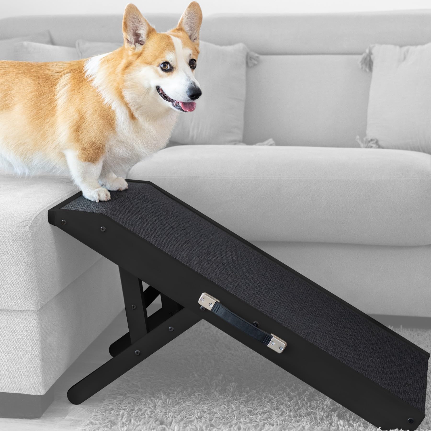 dog ramp for couch – non-slip, sturdy build foldable dog ramp – supports up to 200lbs – adjustable 7'' to 20'' – landing platform seamlessly connects – birchwood pet ramp for small dogs – black