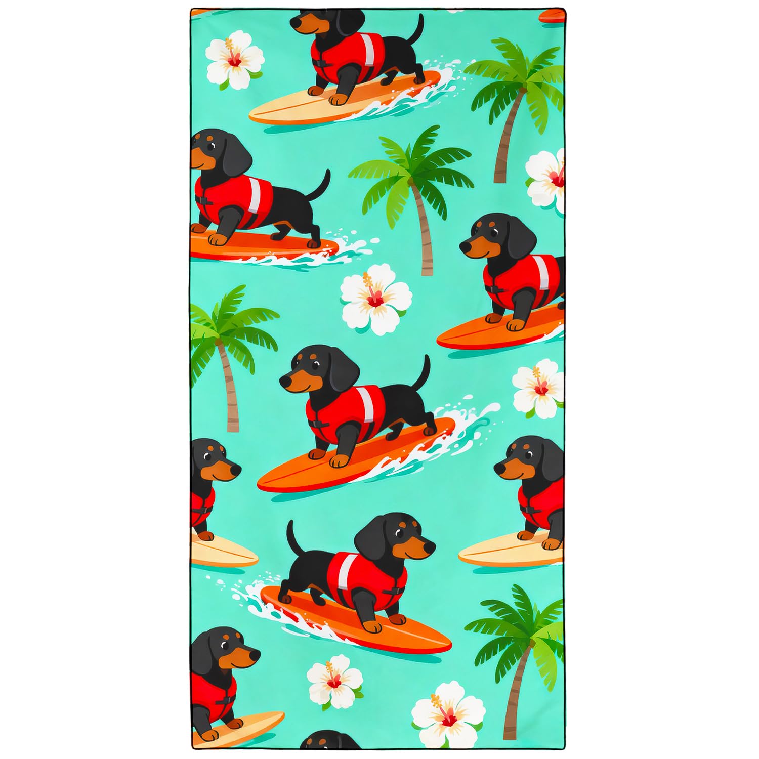 Violetpos Surfing Dachshund Beach Towel, Extra Large 180x90 cm 250GSM Microfibre, Sand Free Quick Dry, Ideal Vacation Gifts with Carry Bag for Pool Cruise Camping
