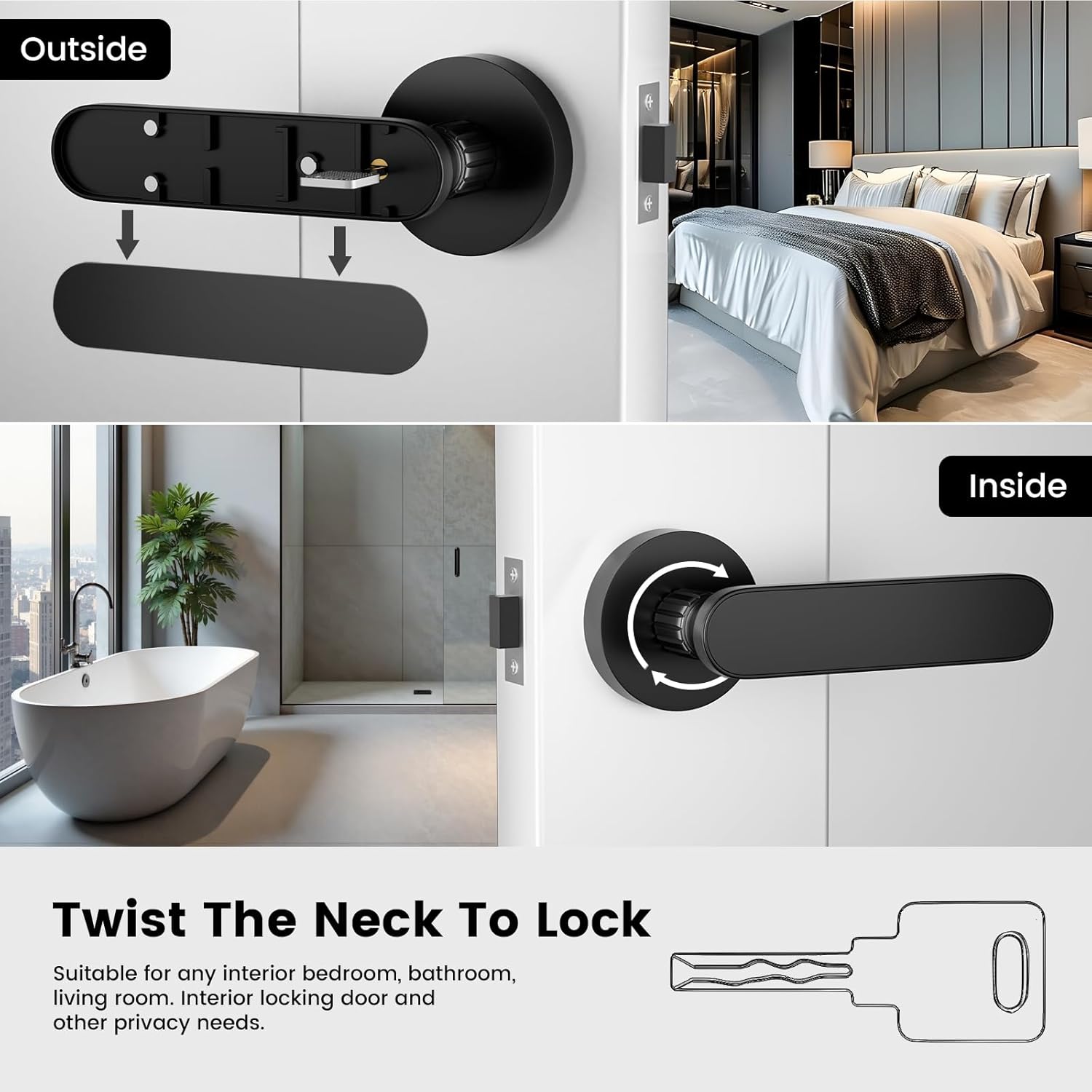 Magnetic Door Handle Lever, Child Proof with Hidden Key, 3-in-1 Entry/Privacy/Passage, Twist Lock, Matte Black Zinc Alloy, Heavy Duty, Reversible for Left/Right Interior Doors