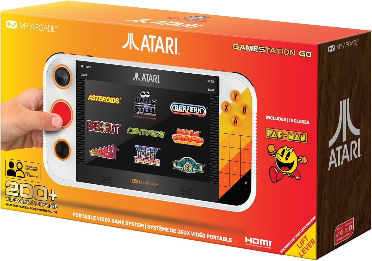 My Arcade Atari Gamestation Go: Rechargeable Battery, Over 200+ Preloaded Retro Video Games Including Pac-Man, Atari: Recharged, & Balls of Steel, WiFi,Smartglow, 7 inch Display,