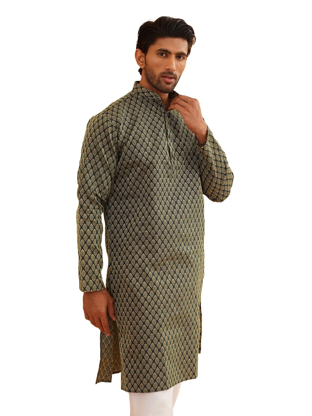 Sojanya (Since 1958 Men's Silk Blend Dark Green Color Self Design Only Long Kurta