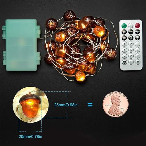 Miniatura 7 de BOHON Guirnalda de luces de bellota 3D para decoración de otoño, funciona con pilas con control remoto y temporizador, 10 pies, 30 luces LED,