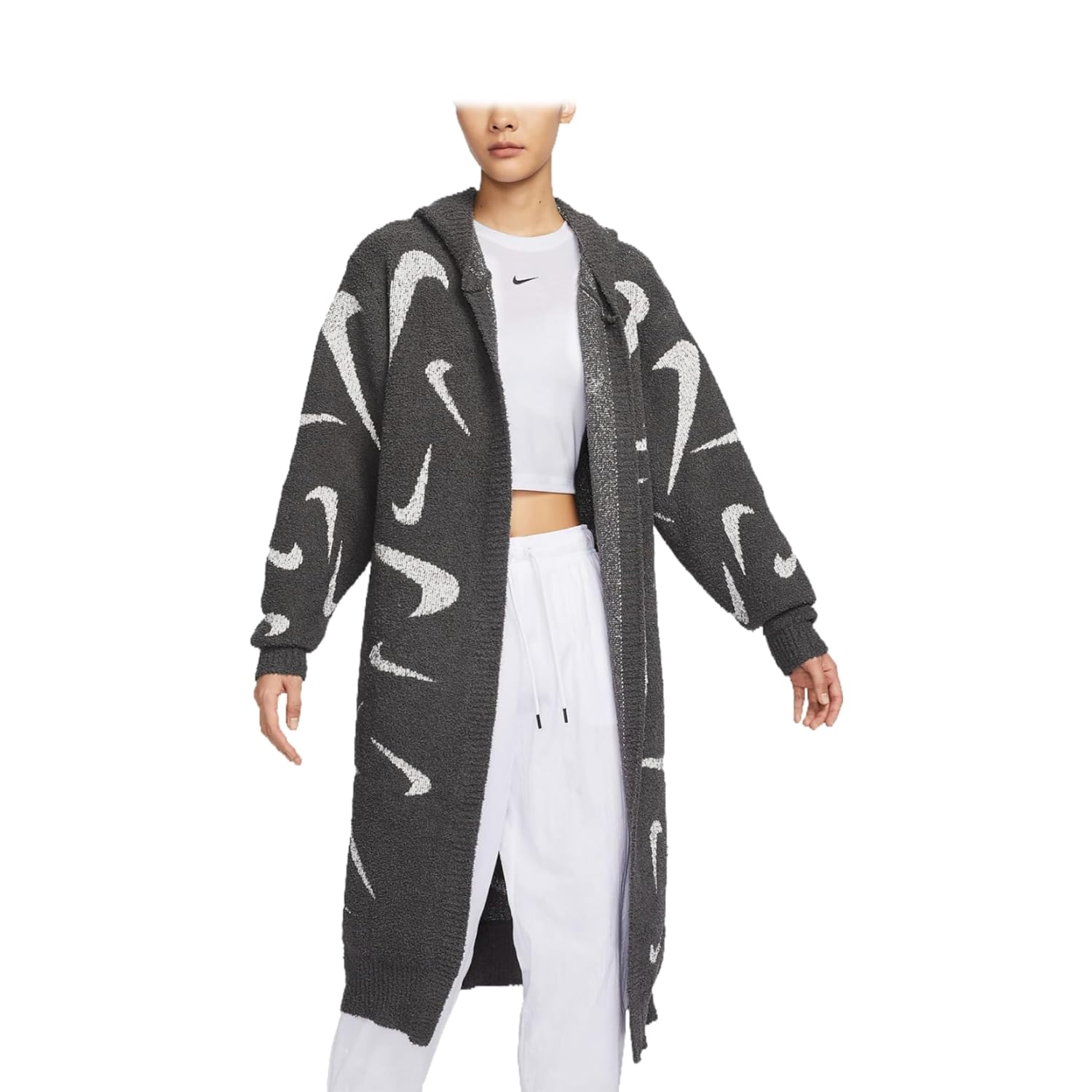 Nike Sportswear Phoenix Cozy Boucl Womens Loose Long Knit Cardigan FD4282-254 Medium Ash Light Orewood Brown Size Small