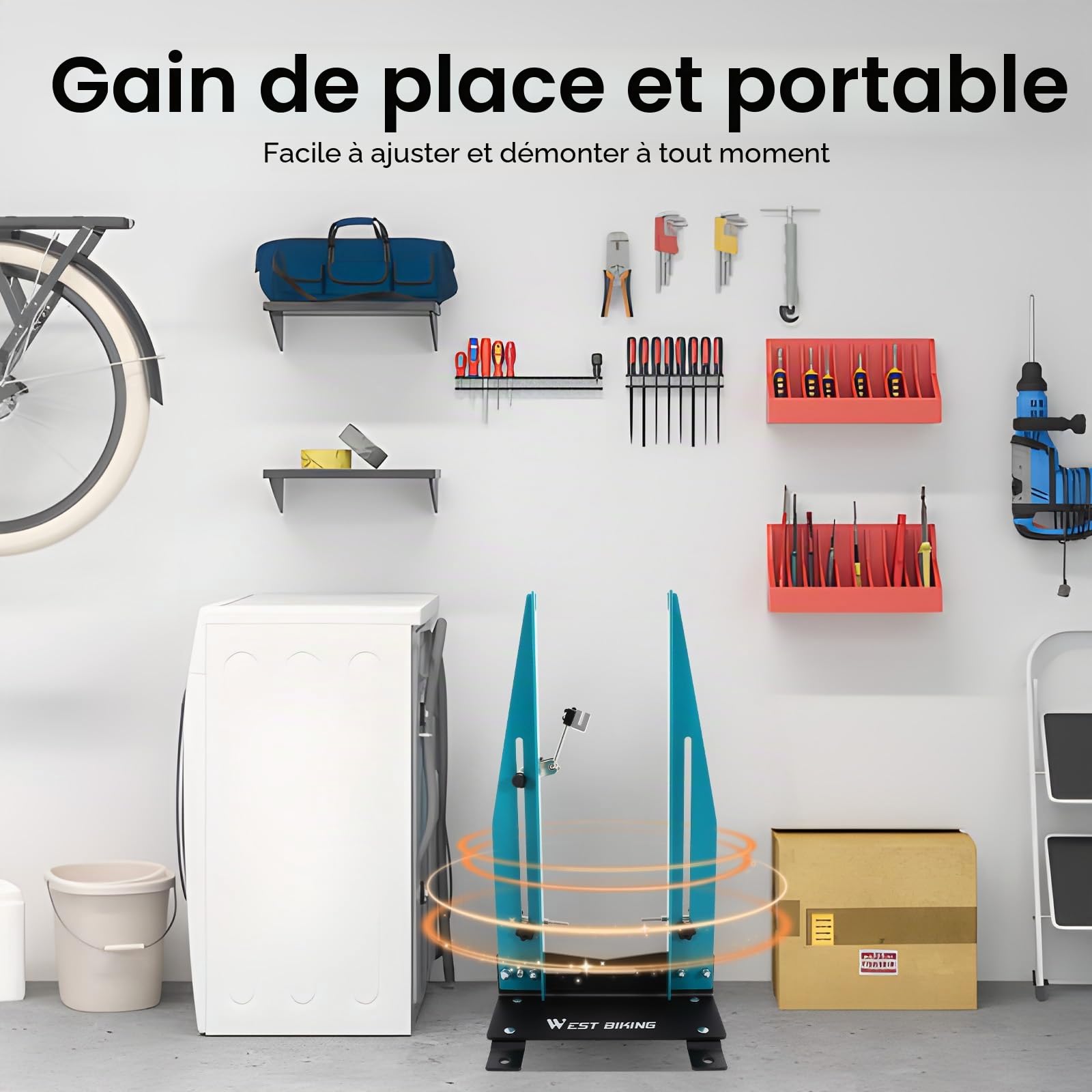 Support de calibrage professionnel pour vélo, support de centrage de vélo, double réglage à 360°, largeur réglable de 9 à 15 cm, support de correction de jantes, 27 × 19 × 50 cm