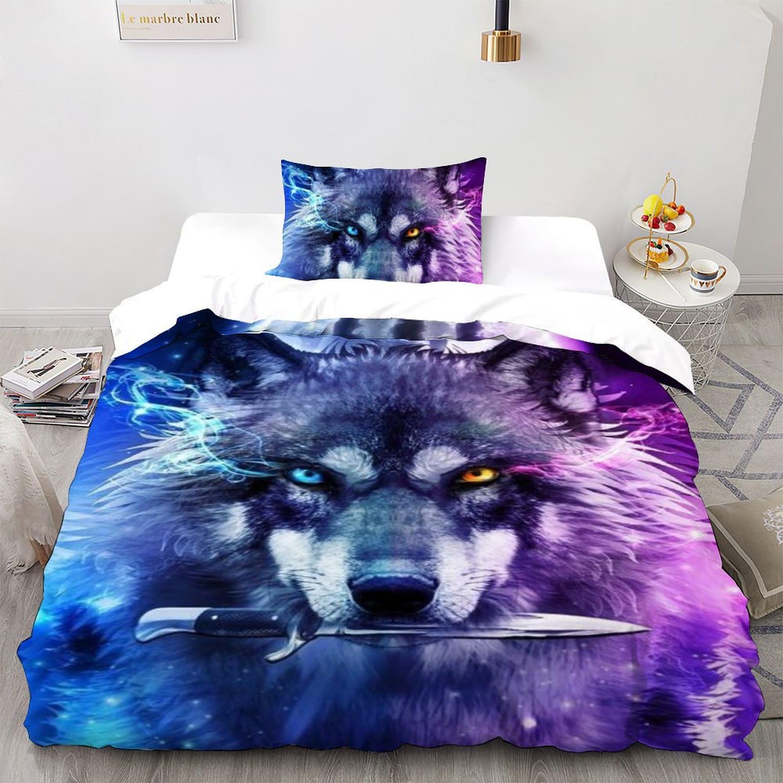 Housse de couette loup 3D microfibre animaux 135x200cm avec taie d'oreiller enfant