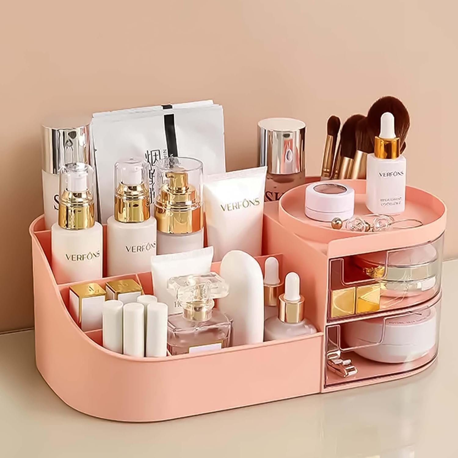 Anshri Make Up Organiser Cosmetic Storage Box with Drawers Dressing Table Organiser Makeup Box Beauty Organiser Large Makeup Box for Nail Polish Lipstick (Peach)-image-17