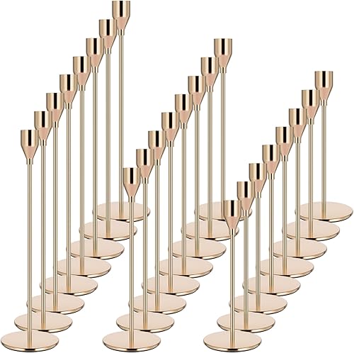 Miniatura 7 de Juego de 12 portavelas de oro rosa para velas cónicas, material metálico y decoración moderna, se adapta a velas de 34 pulgadas para centro de mesa,