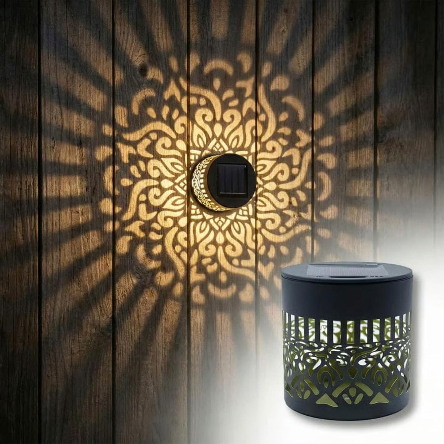 GUSHE Solar-Powered Mandala Projector Light, Decorative Solar Mandala Lights, Hanging Solar Shadow Lantern with Hollow Design, Waterproof Metal Mandala Wall Lantern for Garden Patio Yard Decor