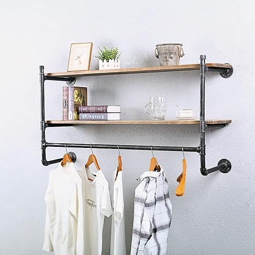Miniatura 5 de Estante industrial para ropa de tubería montado en la pared con estante de madera real, estante flotante de pared, estante de exhibición rústico al