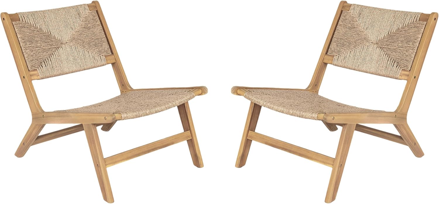Christopher Knight Home Oner Lounge Chair Outdoor Set of 2, Sturdy Acacia Wood Armless Chair, Weather Resistant Outdoor Furniture, Garden/Poolside Extra Seat with Natural PE Wicker, Light Teak