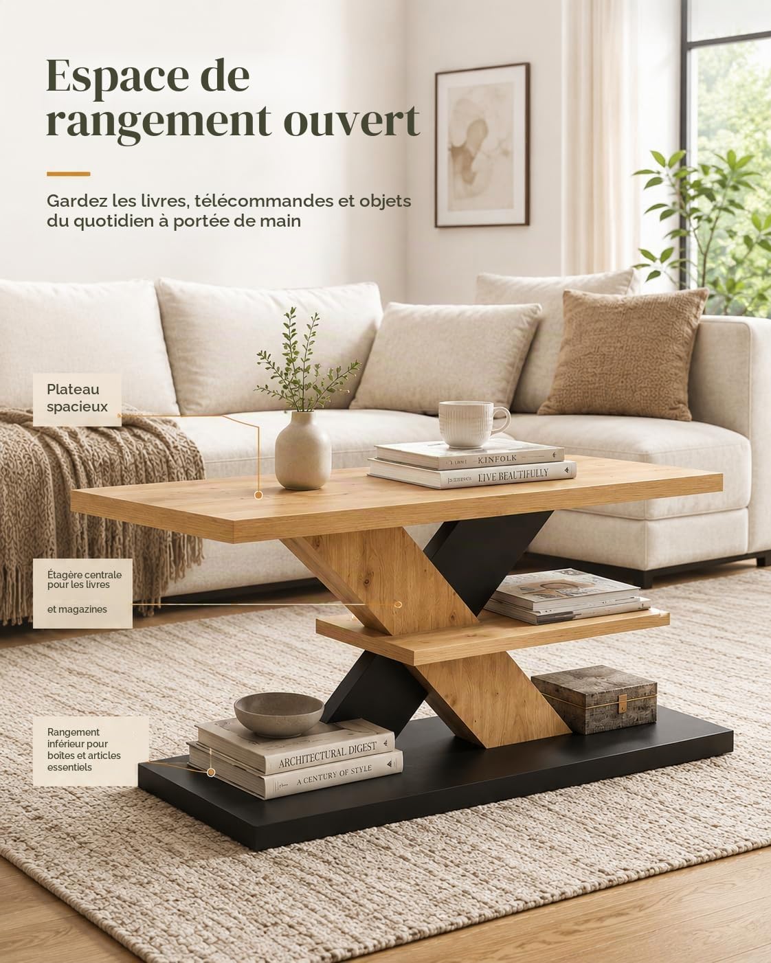 Table Basse Salon Moderne Industrielle Bois et Noir chêne 100cm