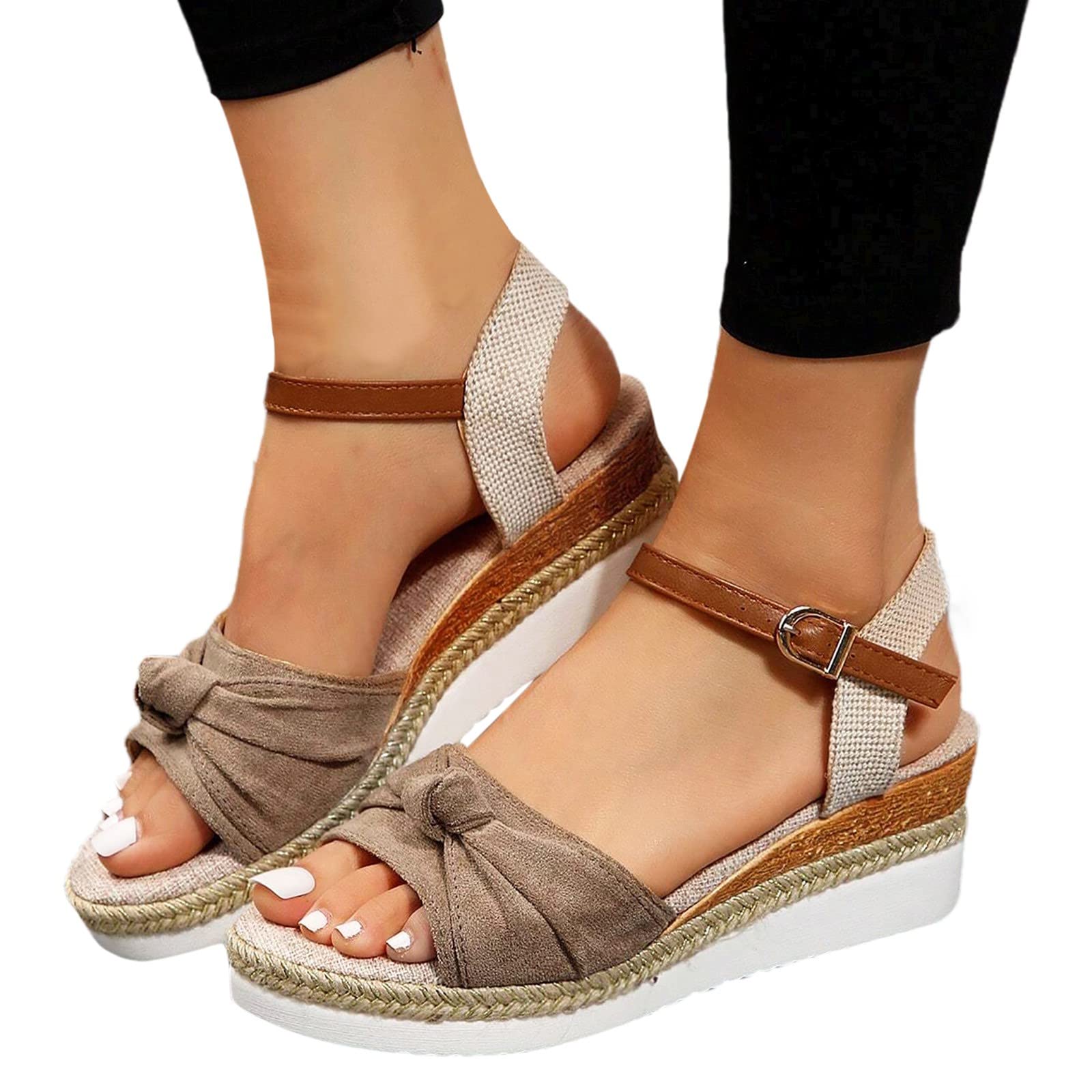 Espadrilles Wedge Sandals for Women, Women's Open Toe Platform Wedges Heels Summer Dressy Shoes Comfortable Ankle Strap Low Heel Canvas Bow Dress