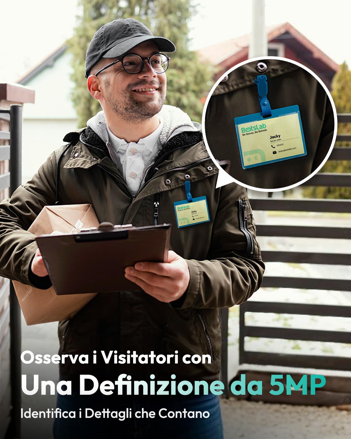 BOTSLAB Videocitofono, 5MP Telecamera WiFi Esterno Senza Fili 180°, Burata Della Batteria di 150 Giorni, Nessun Canone Mensile, Rilevamento umano, Sirena, Audio Bidirezionale, 2,4GHz