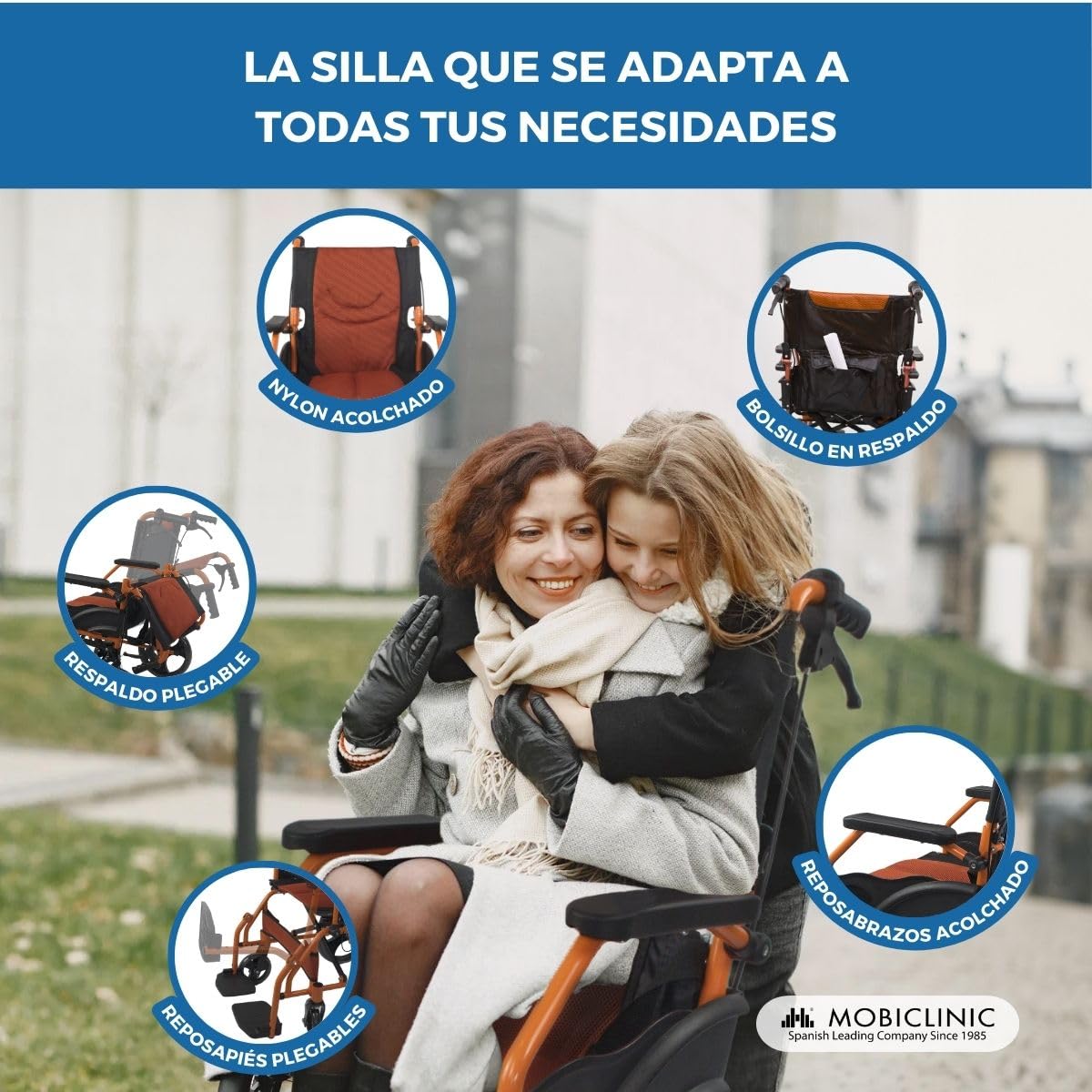 Mobiclinic®, Silla de ruedas, Plegable, Ligera, Dos sistemas freno, Respaldo, Aluminio, Reposapiés abatibles, Modelo pirámide, Pequeñas, Reposabrazos fijos (Naranja, 46 cm)
