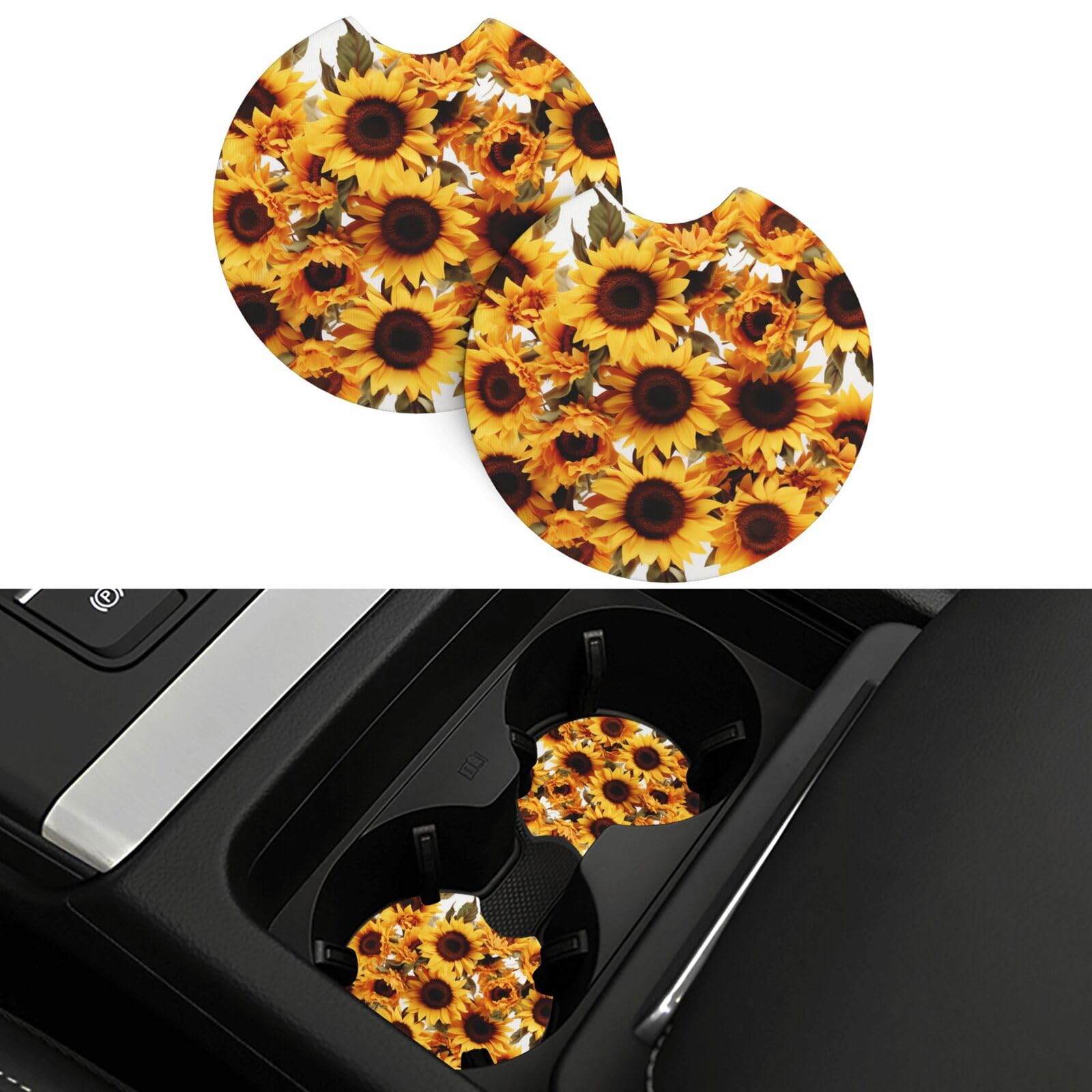 Beautiful Sunflowers Car Coasters 2 Pcs, Universal Non-Slip Rubber Car Cup Holder for Cup Holders, 2.75 Inch Neoprene Cup Pad Mat Coaster Car Interior Accessories for Women Men
