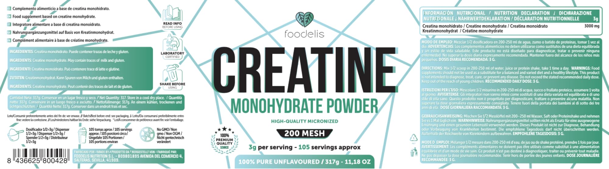 Foodelis Creatina Monoidrata Micronizzata in polvere 317g /106 porzioni - Insapore - Altamente solubile - Migliora le prestazioni fisiche e la forza muscolare - Pura, senza additivi - Include dosatore