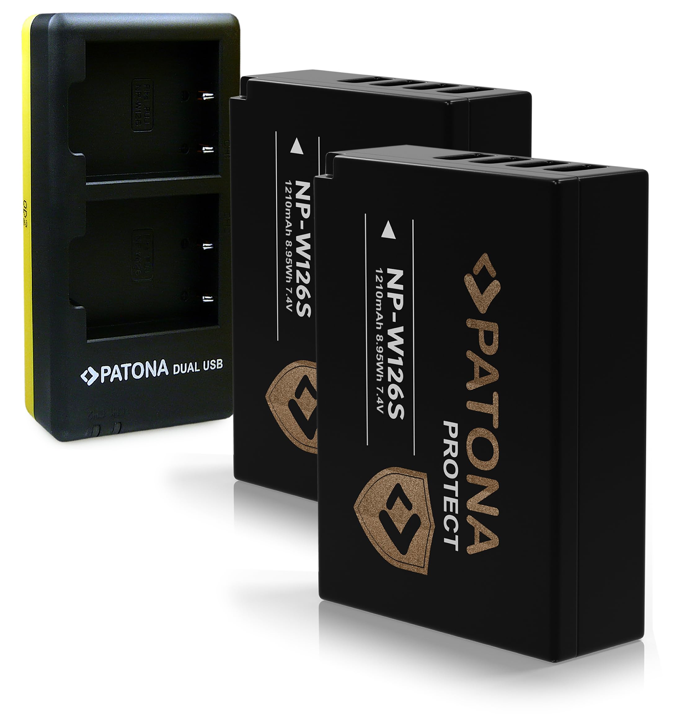 PATONA Caricatore Doppio USB-C + 2x Protect Batteria NP-W126s (1210mAh) – per Fujifilm X-T5 X-T50 X100VI X100F X-S10 X-T30 X-Pro3 X-E4 – set completo con sensore NTC