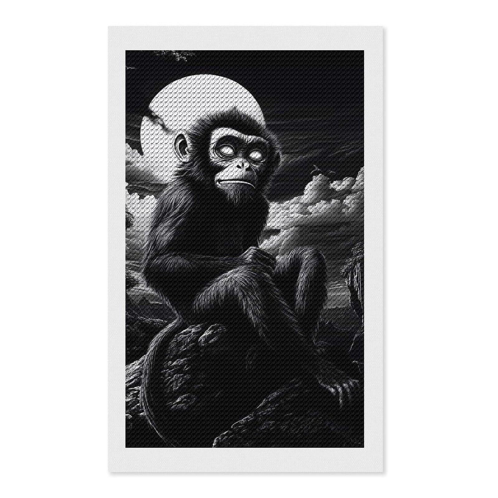 Junmoney Monkey Under The Moon Diamond Painting Canvas Set 12"x20", Satisfying Creative Project, Easy to Follow Symbols, Fun Craft Experience