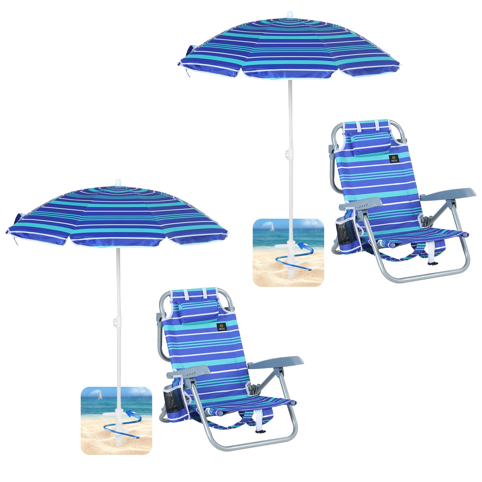 Nice C Toddler Beach Chair, Kids Beach Chair with Umbrella, Backpack Beach Folding Chairs, Backpack Camping Chairs, 5-Position Reclining, with Cup