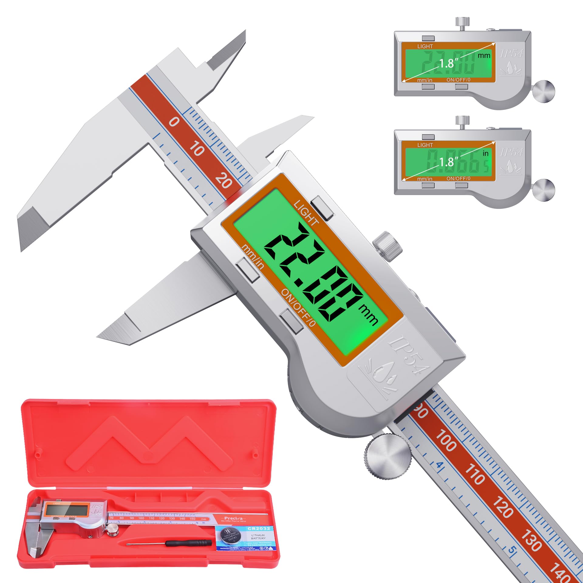 Preciva Digitaler Messschieber 150mm IP54 - Elektronische Schieblehre aus Edelstahl mit LCD Display, Hintergrundbeleuchtung und Feineinstellung Präzisions Messschieber
