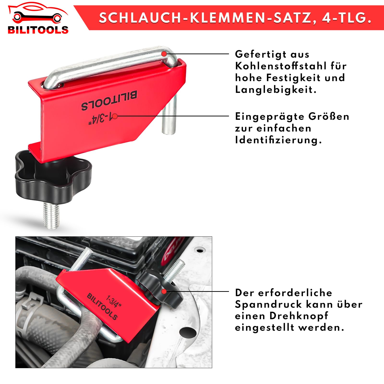 BILITOOLS 4-tlg Schlauchklemmen Werkzeug Set Schlauchklemmenzange Sortiment zum Abklemmen von Benzinschläuchen und Kunststoff-Leitungen ohne Beschädigungen