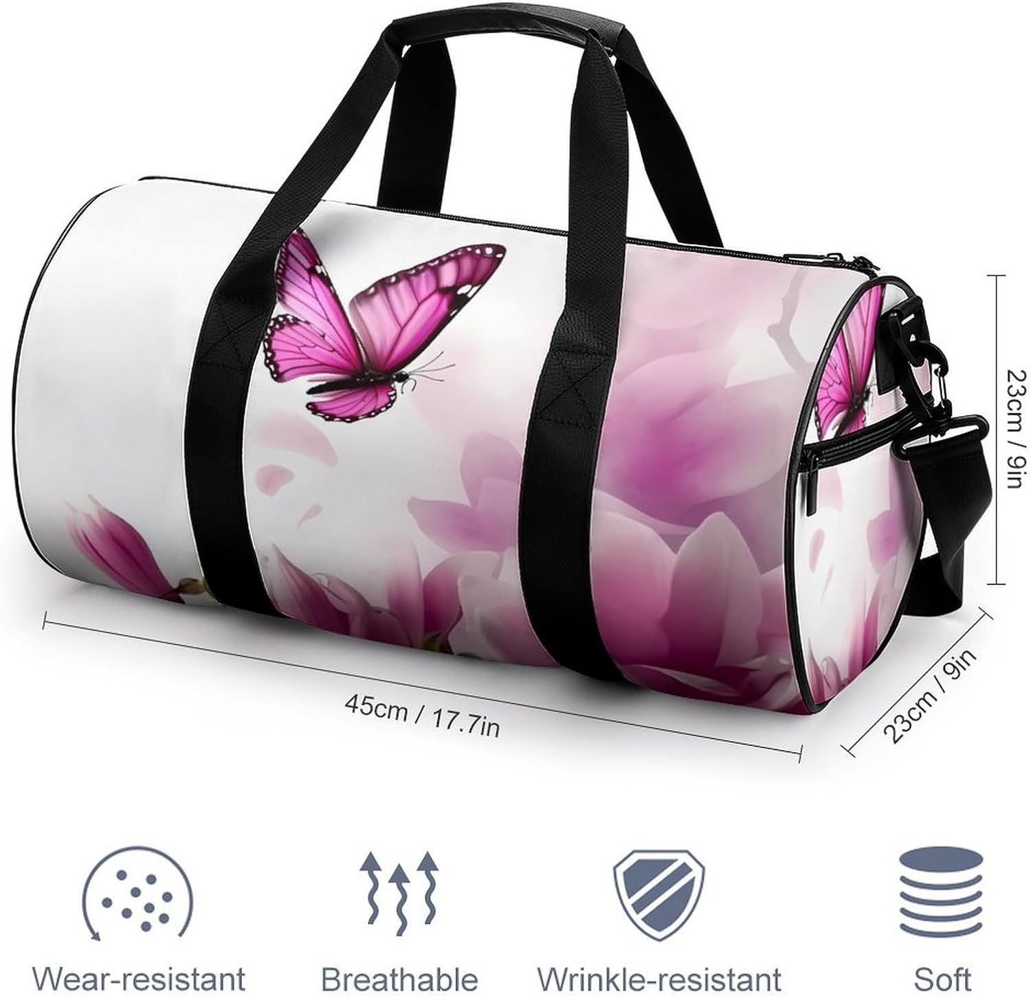 Magnolia Plant Flora Butterfly Print Gym Sport Bag Travel Duffel Bags Weekender Carry on Tote Bags for Women Men