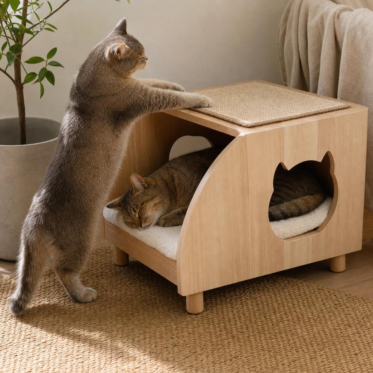 Cuccia per Gatti in Legno con Tiragraffi