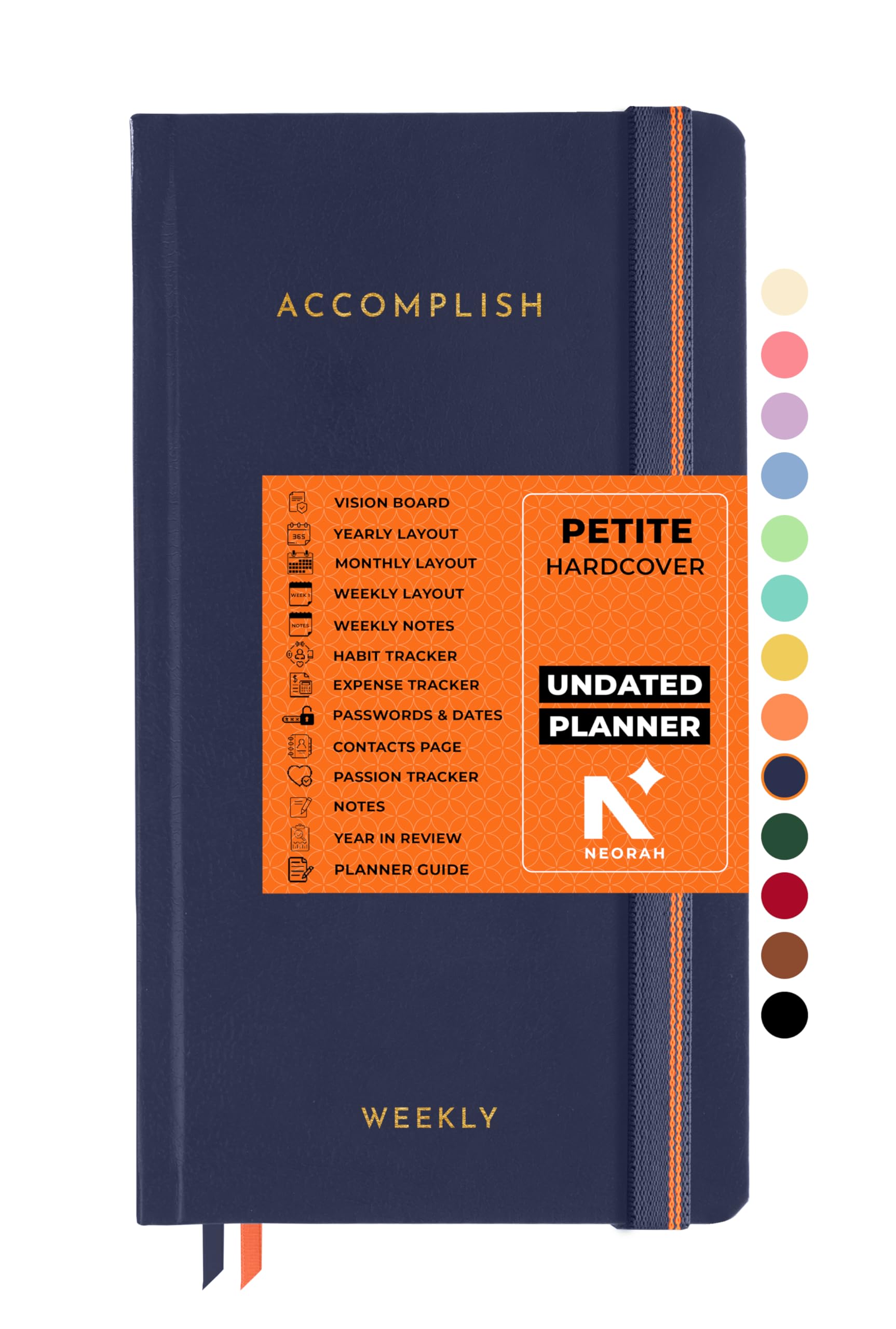 NEORAH — UNDATED ACCOMPLISH Planner PETITE | 12 Month Productivity Planner Diary without Dates | Weekly | Monthly | 12 Month Budget Tracker - (21 x 10.5cm) | Undated HARDCOVER Planner (Dark Blue)