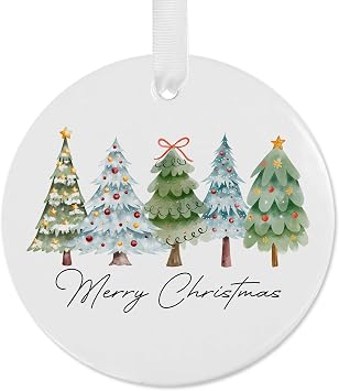 SWITHOM 2026 Merry Christmas Ceramic Ornament - Double-Sided Christmas Tree Design with Snowflakes & Star Accents, Round Hanging Decoration for Holiday Tree, Home & Kitchen - 3.15 Inch