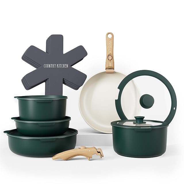 Country Kitchen Cookware Set with Removable Handle, Oven & RV Safe Pots and Pans Set, Sage Wood Handle, Original