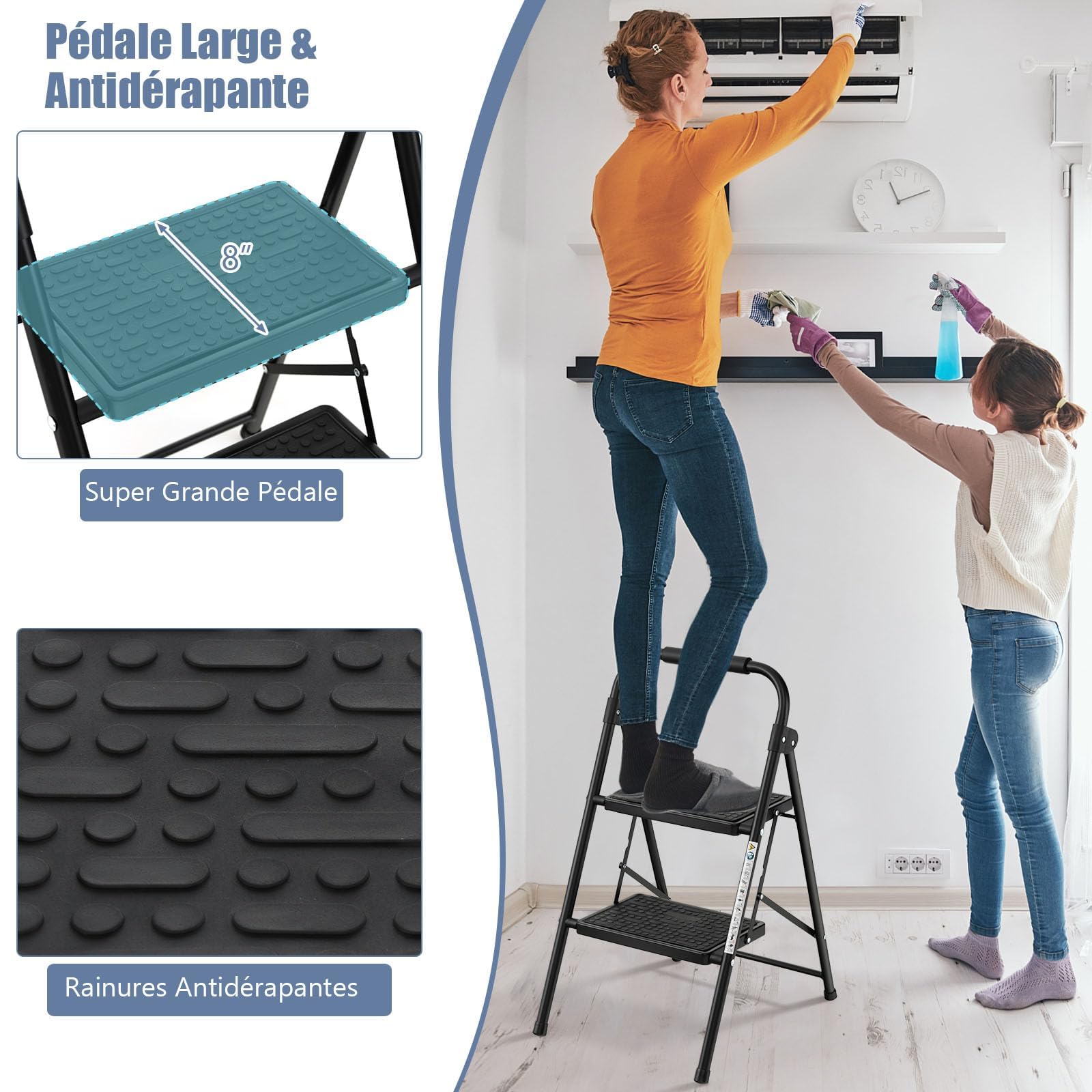 GYMAX Escabeau 2 Marches Pliable, Charge 265 kg, avec Pédales Larges et Antidérapantes, Poignée Rembourrée, Cadre Métallique, Utilisation Intérieur Extérieur