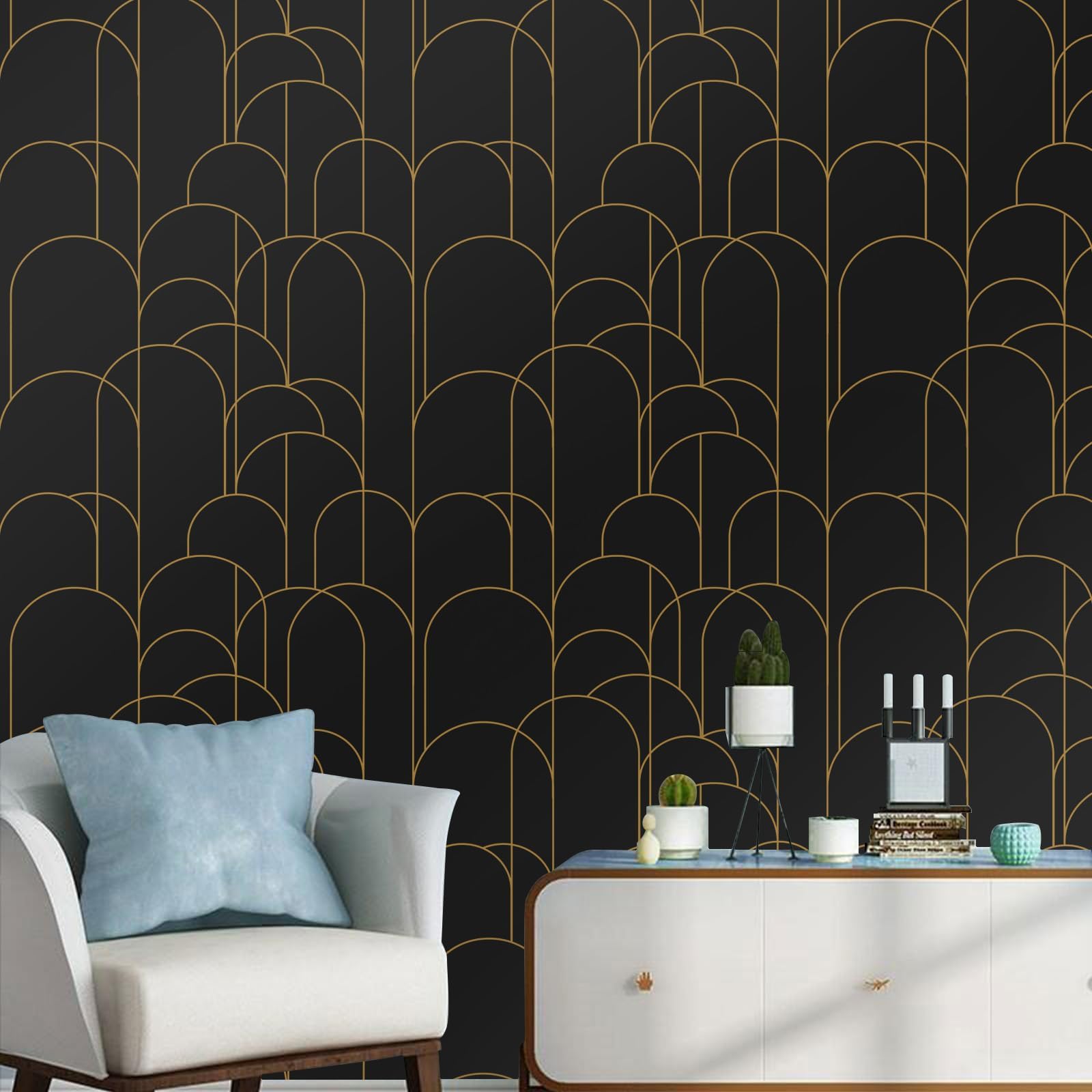 Papier peint noir et doré amovible déco salon et papier peint autocollant géométrique mat