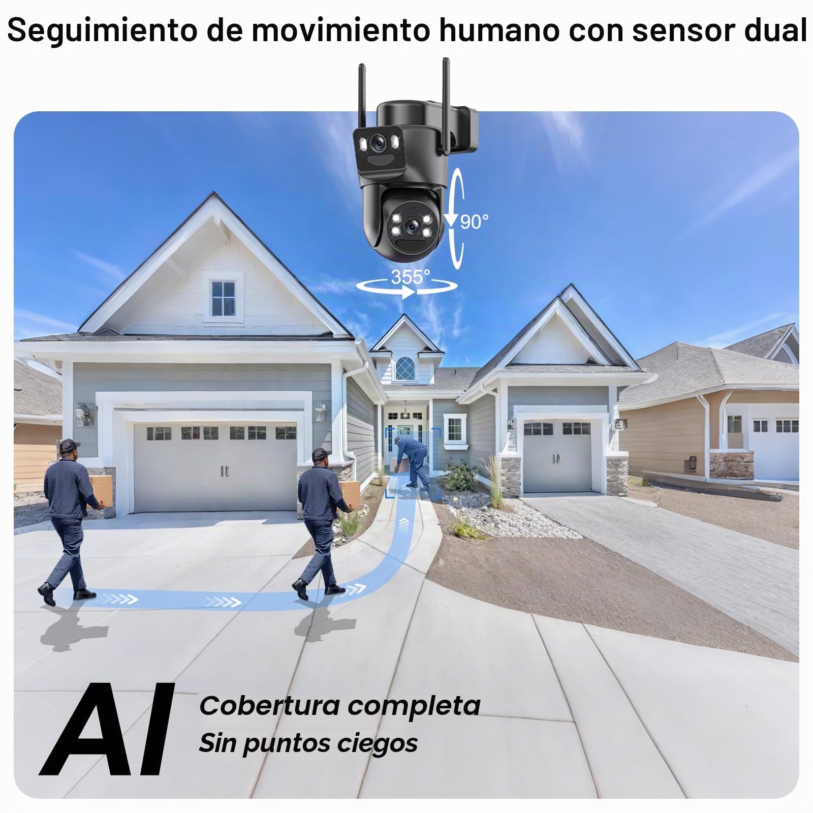 4K Cámara Vigilancia WiFi Exterior Solar con Doble Lente,Panel Solar 6W,360° PTZ,Detección Humana PIR,Audio Bidireccional,Visión Nocturna en Color,2.4G/5GHz,IP66