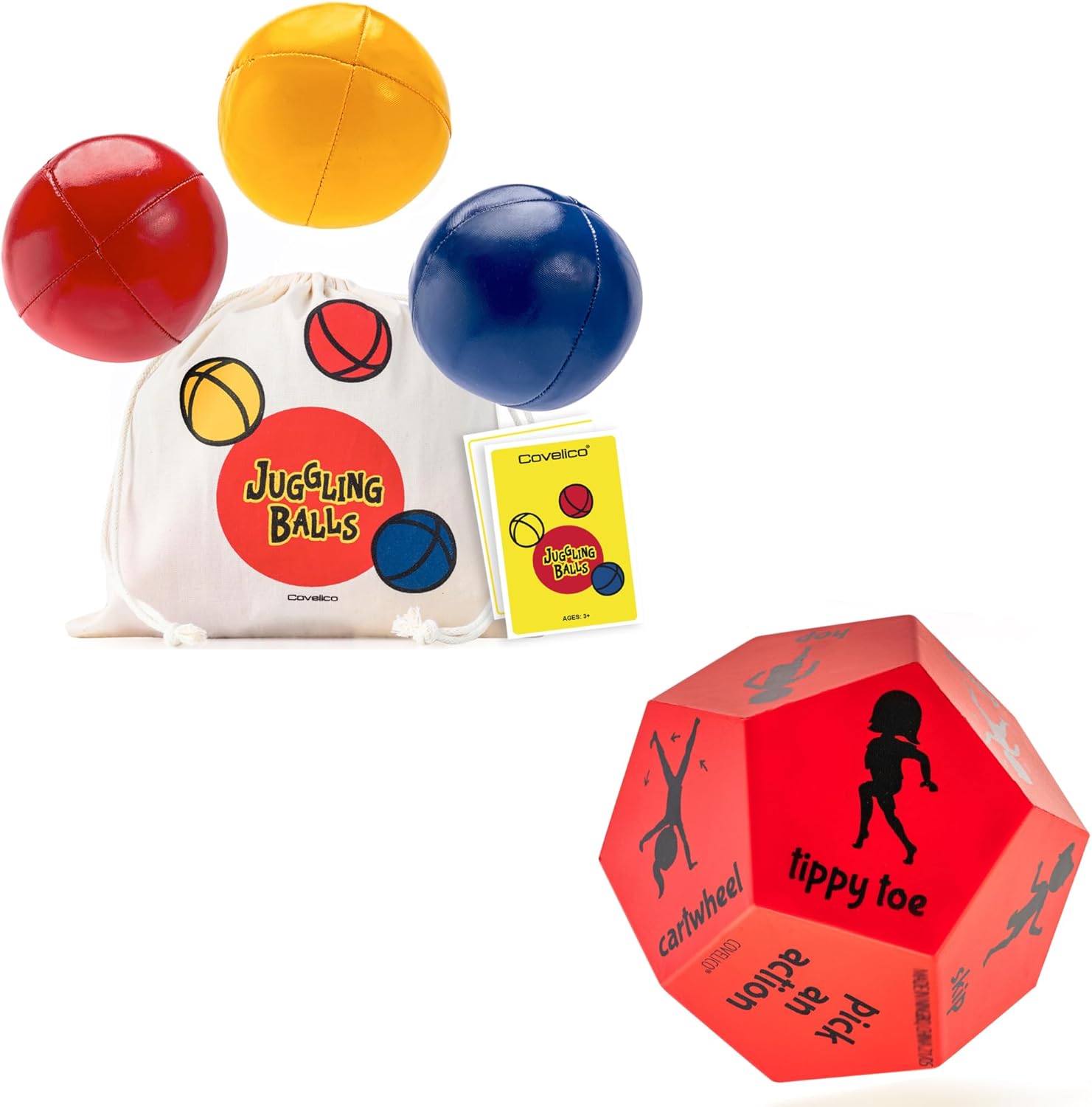 Juggling Balls for Beginners & Kids Exercise Dice - Roll and Play Actions. Juggling Kit with 3 Vibrant Juggling Balls and Bright Red Dice as Gross Motor Toys