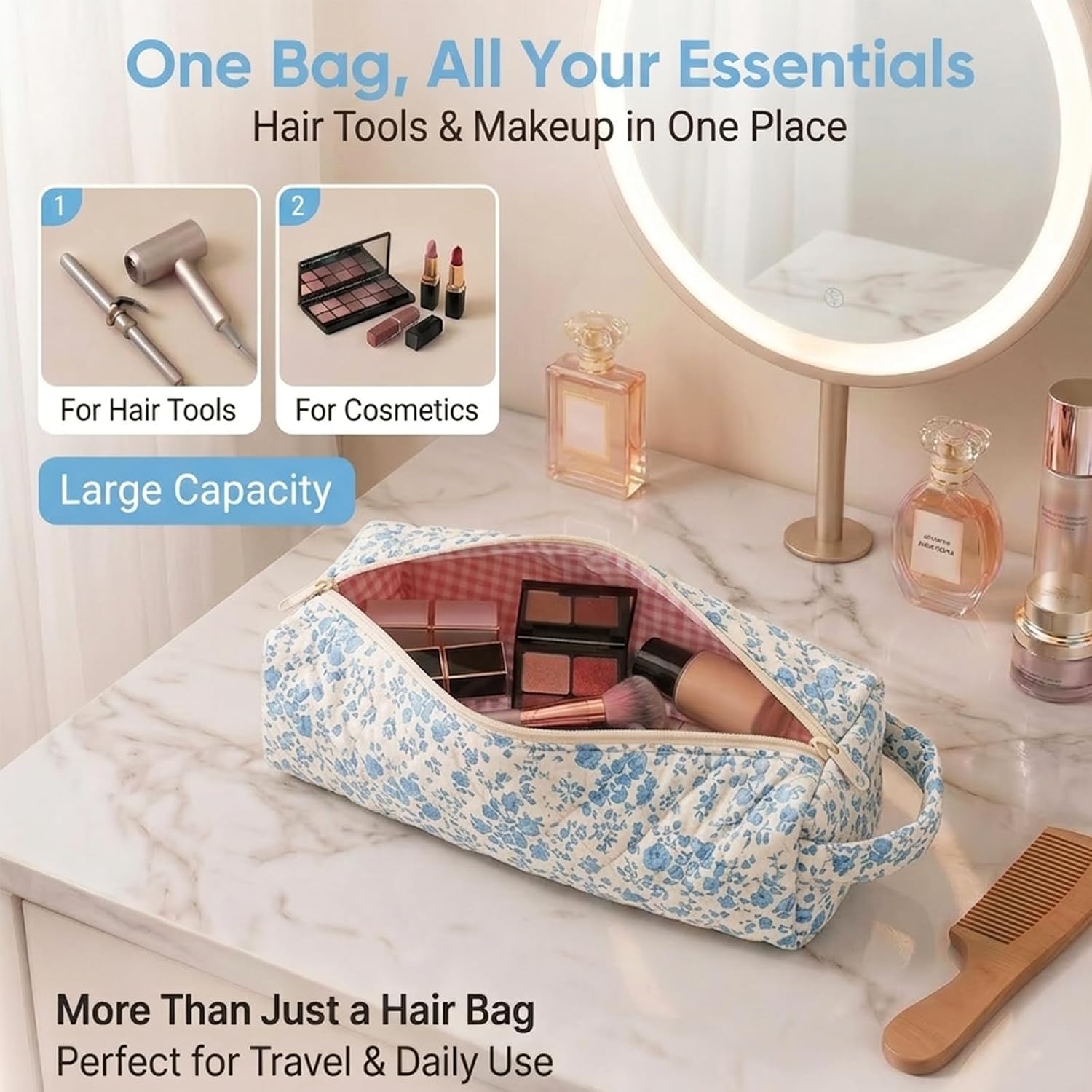 Hair Tools Travel Bag, Soft Compact Case Compatible with Dyson Airwrap & Shark Flexstyle, Curling Iron & Flat Iron Storage Organizer, 14" Portable Hair Accessories Bag（Blue Flower）