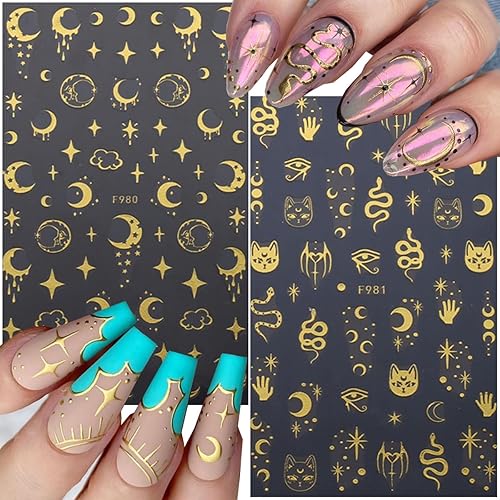 Miniatura 5 de 8 hojas de calcomanías metálicas para uñas 3D doradas, diseño de sol, estrella, luna, espacio, retro, bronceado, autoadhesivas, decoración de uñas,