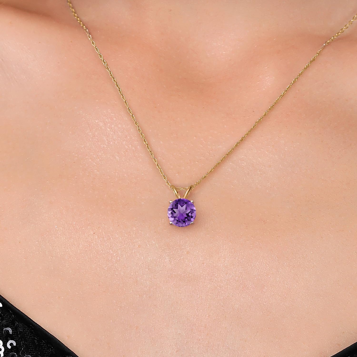 Gem Stone King 14K Yellow Gold Purple Amethyst Pendant Necklace for Women | 1.20 Cttw | Gemstone February Birthstone | Round 7MM | With 18 Inch Chain - Image 3