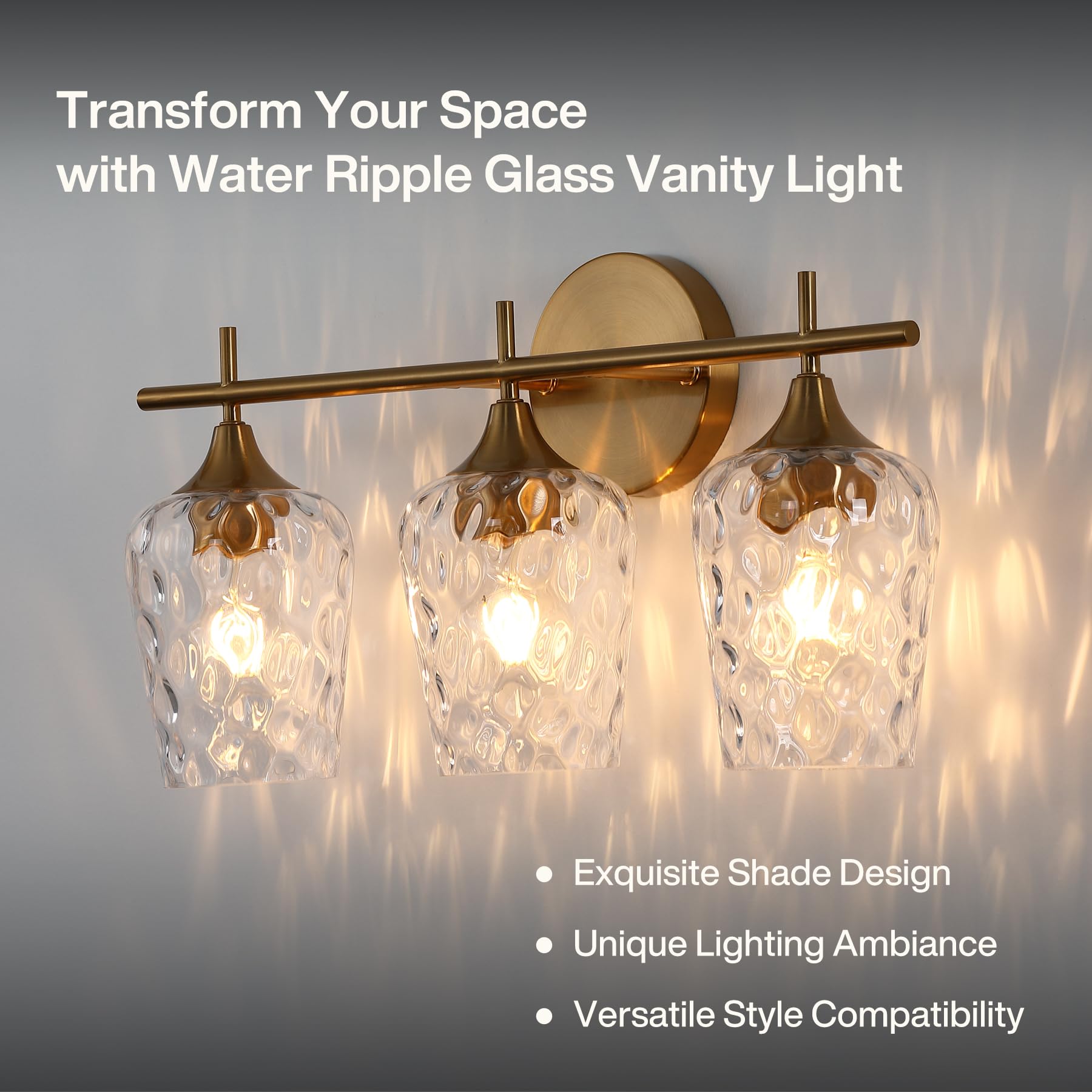 Tribesigns - Aplique de pared de baño (3 luces, modelo dorado, con pantallas de cristal corrugado, casquillos E27. Ideal para espejos de baño, cocina, pasillo y dormitorio. Am