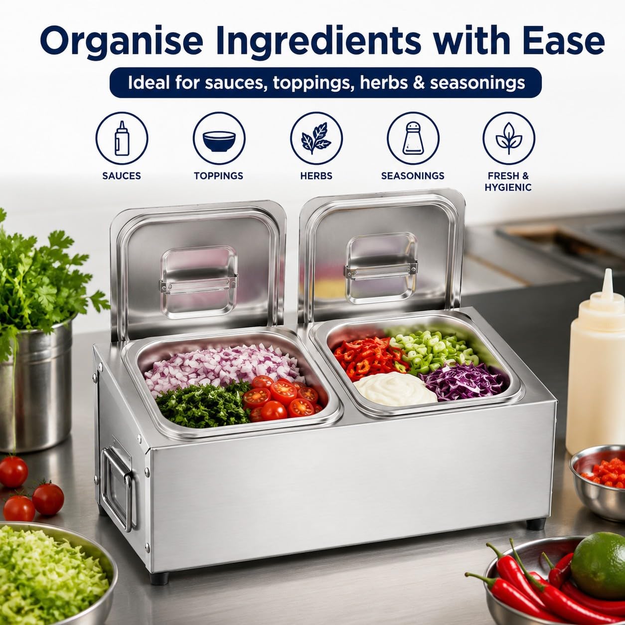 Contenitore per Ingredienti Pizza in Acciaio Inox con Coperchio – Porta Condimenti Refrigerato per Pizzeria, 2 Scomparti, Facile da Pulire