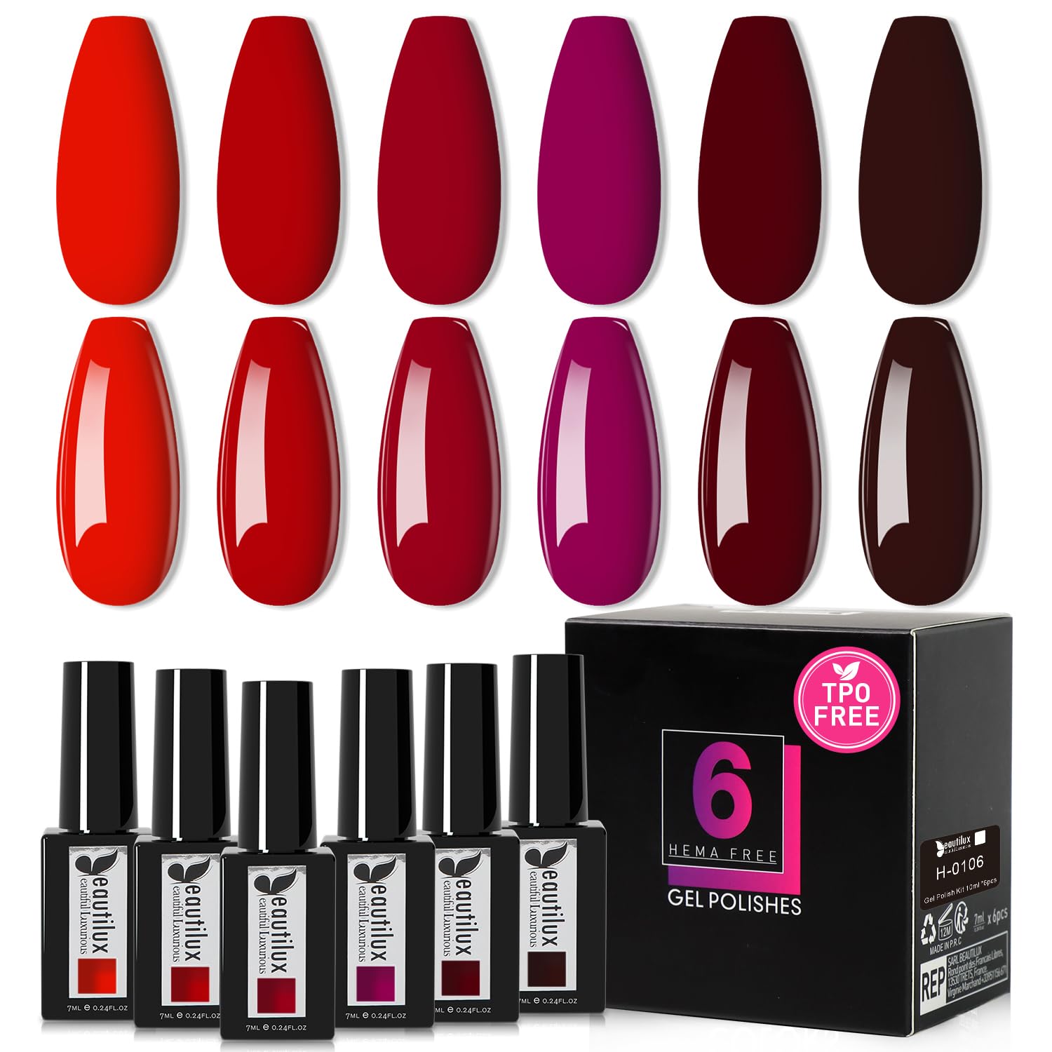 Beautilux HEMA-FREE Smalto Semipermanente per Unghie Senza-TPO, 6 Colori 7ml Soak Off Smalto Semipermanente Unghie per Manicure (H-1924)