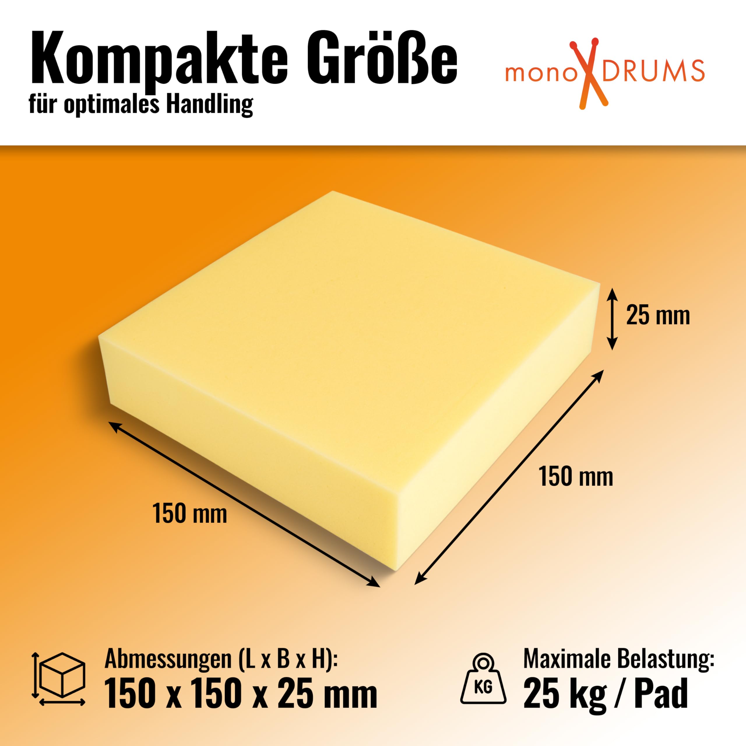 6x monoDRUMS Schlagzeug Sylomer Pads –150×150×25 mm – Traglast 150 kg – für Schlagzeug Zubehör Drum Podest (6er)